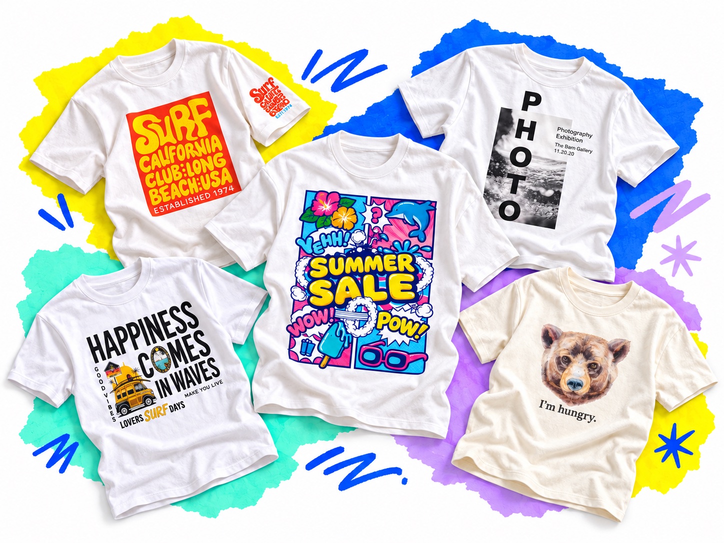 さまざまなデザインをプリントしたオリジナルTシャツ